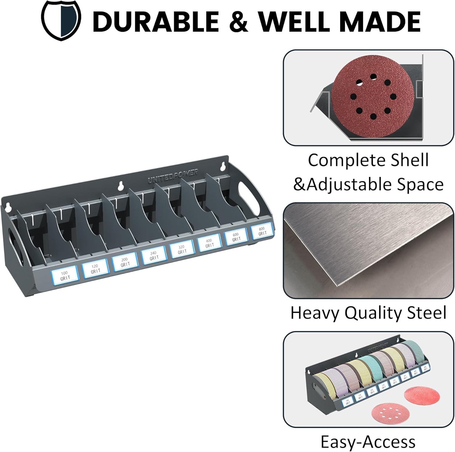 UNITEDPOWER Sanding Discs Holder, 8 Slots Wall Mount Metal Sandpaper Storage Rack for Workshop, Shed, Garage Classified Organization, Fit Most of Sandpaper