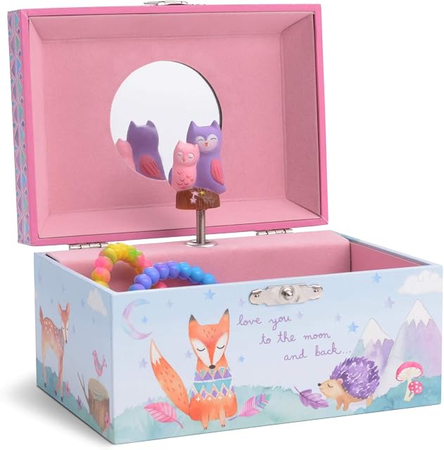 Jewelkeeper Girl's Musical Jewellery Storage Box with Spinning Owls, Woodland Design, Twinkle Twinkle Little Star Tune