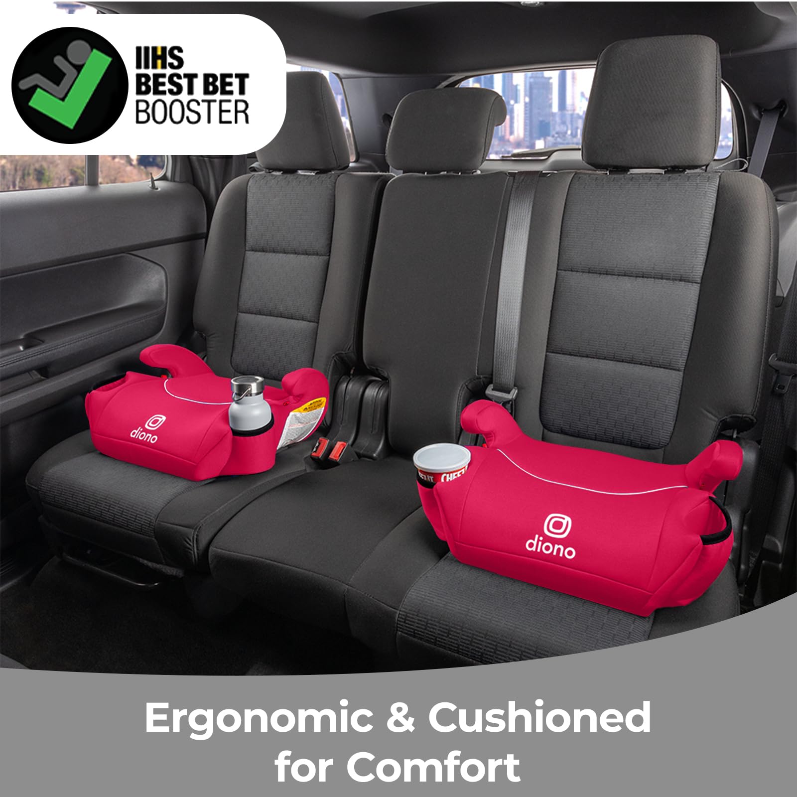 Diono Solana - Lot de 2 sièges auto rehausseurs sans loquet - Légers et lavables en machine - Porte-gobelets - Rose barbe à papa