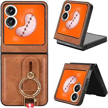 Compatible with Tecno Phantom V Flip 2 Case Cover,PU retro cell phone case with wrist strap Compatible with Tecno Phantom V Flip 2 5G Case Brown