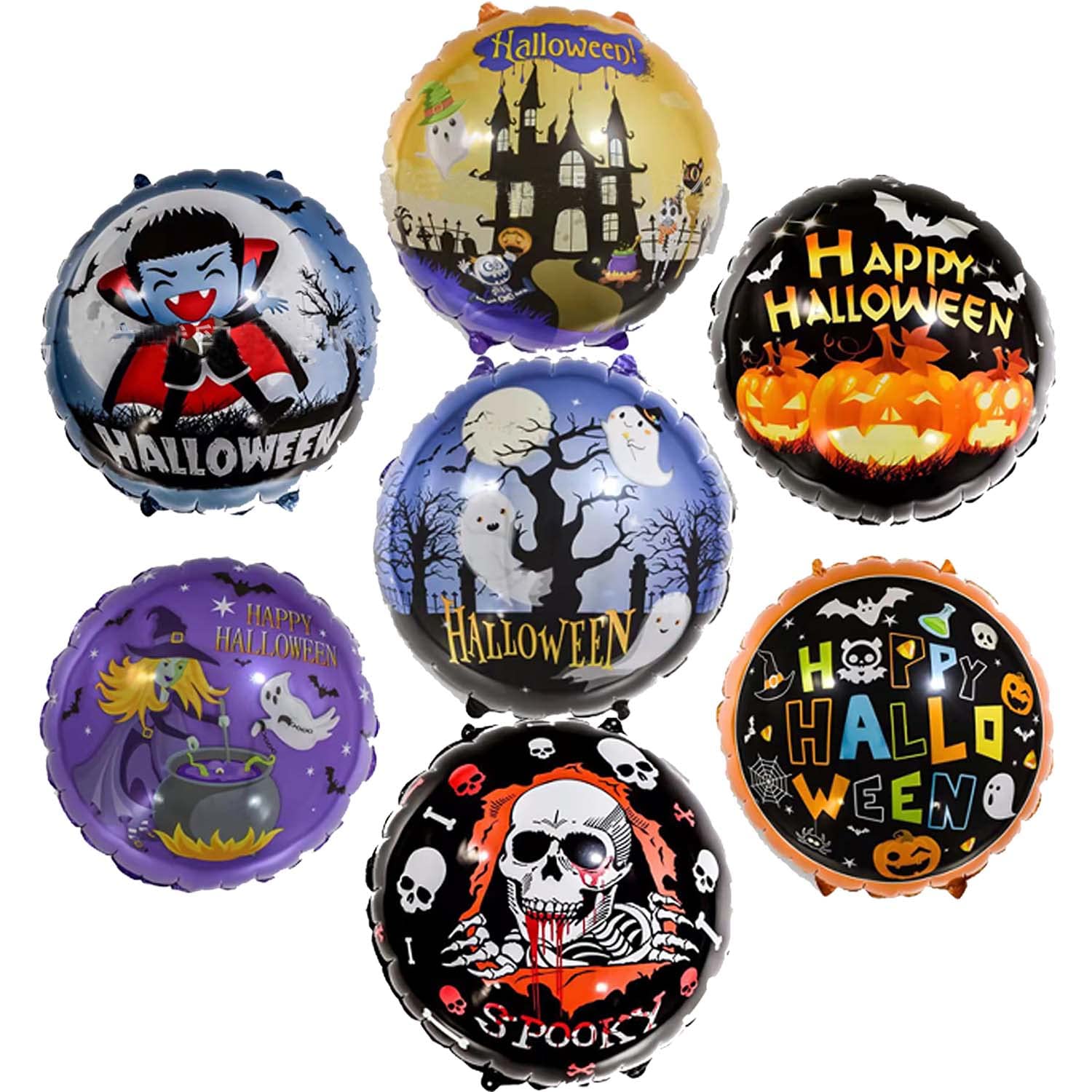 RasuDecor 7Pcs 18” Circle shape Happy Halloween Theme Mylar Foil Balloons (45x45)cm Ghost Tree Ghost Skull Little Devil Cat Pumpkin Spider Haloween Decorations #RasuImpex (7Pcs 18" RoundHalloweenFoil)