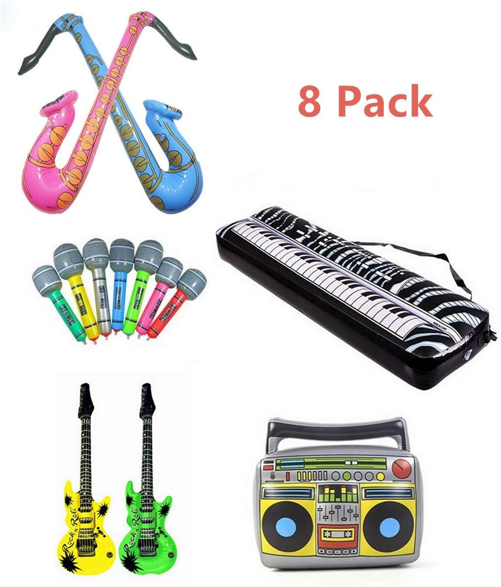 Inflatable Rock Star Toy Set, 8 Pack Inflatable Party Props, 2 Inflatable Electric Guitar, 2 Microphones, 2 Saxophone, 1 Inflatable Boom Box PVC Radio and 1 Inflatable Keyboard Piano