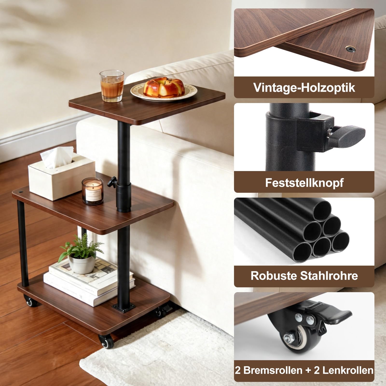 Beistelltisch auf Rollen mit Bremse, höhenverstellbar & 360° drehbar – Beistelltisch Couch/Side Table mit 3 Ablagen, stabilem Rohr, MDF Holzoptik, Walnuss