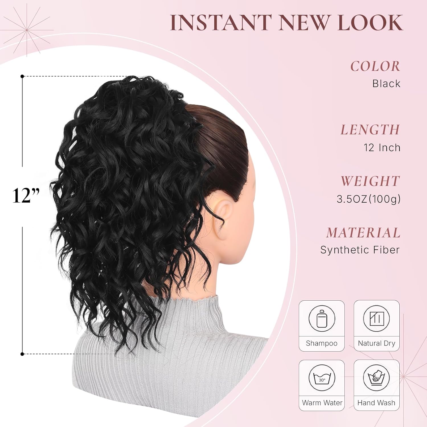 Clip on Ponytails for Women - 12 Inch Curly Black Ponytail Extension, Curly Pony Tails Hair Extensions, Synthetic Hair Extensions Ponytail, Natural Hair Pieces for Women (Color: Black) - Image 2