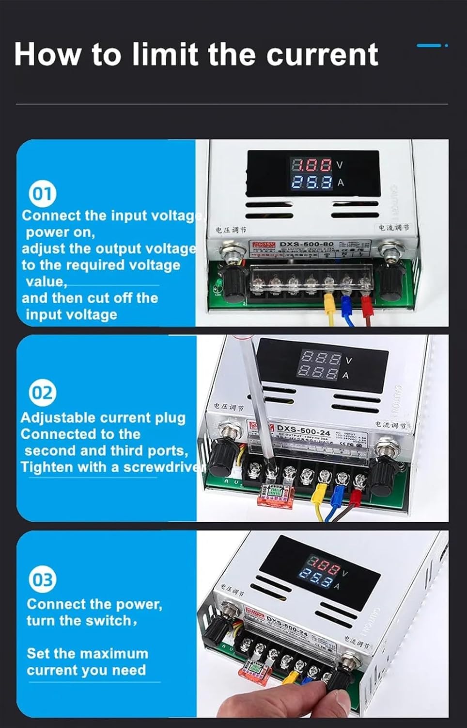500W Adjustable Switching Power Supply with Digital Display Power Supply LED DC 0-12V 24V 36V48V 60V 80V 110V 220V