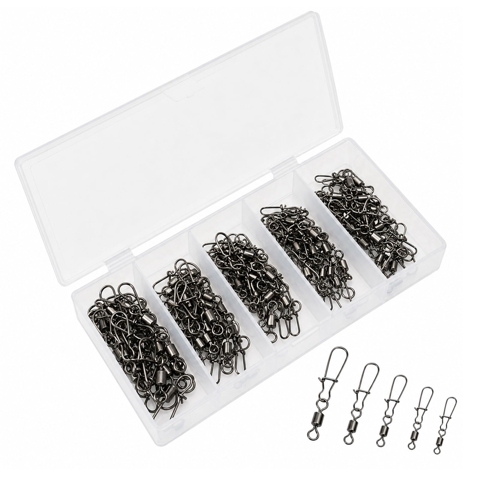 Mistillion 100 Pcs Fishing Rolling Swivels with Snaps, 5 Sizes (4# 6# 8# 10# 12#) Quick Change High Strength Carbon Steel Swivel Clips for Freshwater Saltwater Sea Fishing