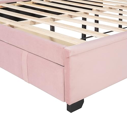 Miniatura 26 de Cama de almacenamiento moderna de madera, cama de plataforma tamaño Queen con un cajón grande, cama tapizada de terciopelo con cabecera trasera y