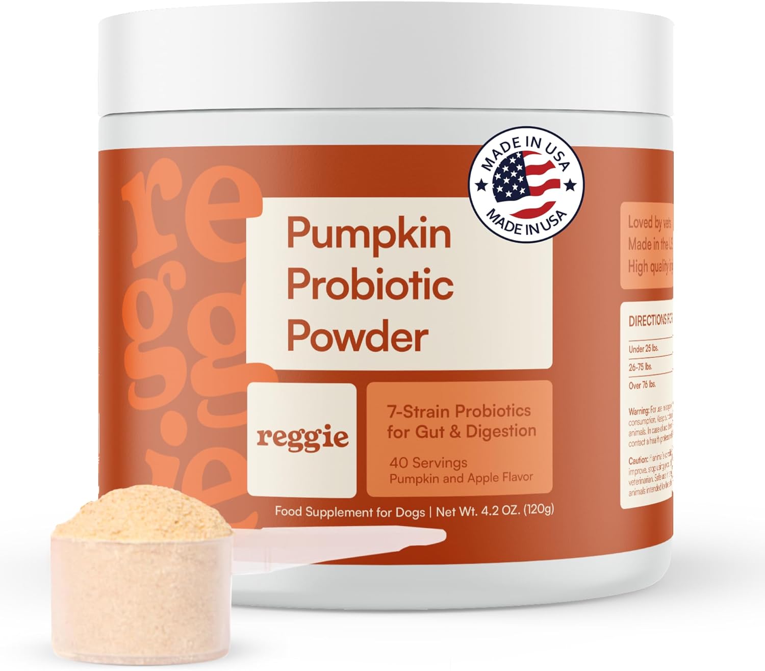 Reggie Pumpkin Probiotic Powder for Dogs | 7-Strain Probiotics + Pumpkin for Gut Health, Digestion & Stool Consistency | Natural Dog Digestive Supplement | Vet-Approved & Made in USA | 40 Scoops