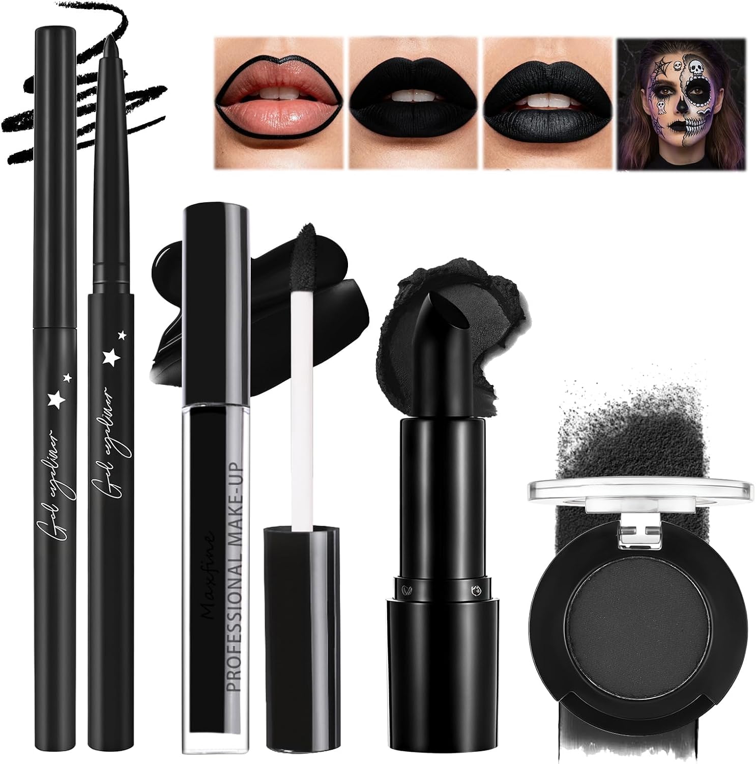 Prreal 4 szt. Czarna matowa pomadka w płynie, nawilżająca błyszczyk do ust, pomadka do ust i zestaw do ust, wodoodporny zestaw do rzęs eyeshadow palat do twarzy farba do ciała do makijażu szminek na