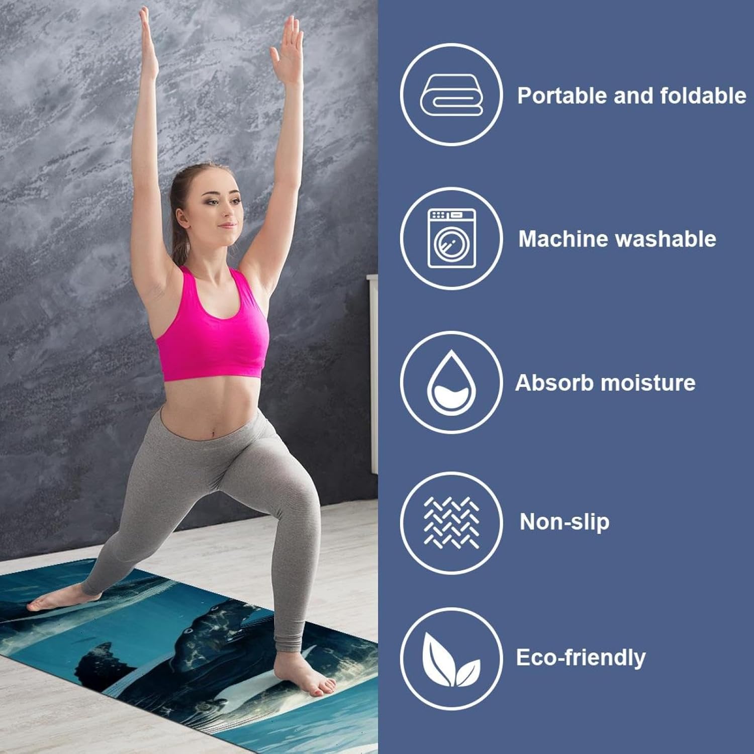 Yoga Towel, Whale Sea Pattern Non Slip Sweat Absorbent Hot Yoga Mat Towel for Hot Yoga, Pilates and Fitness - 72.8" x 26.8"