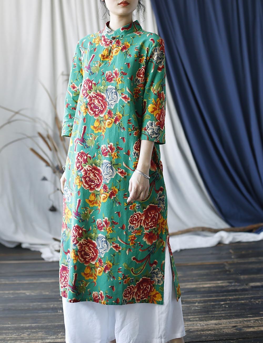 Women Chinese Traditional Northeast Flower Cheongsam Qipao Mandarin Collar Keyhole Dress with Pocket - Image 4