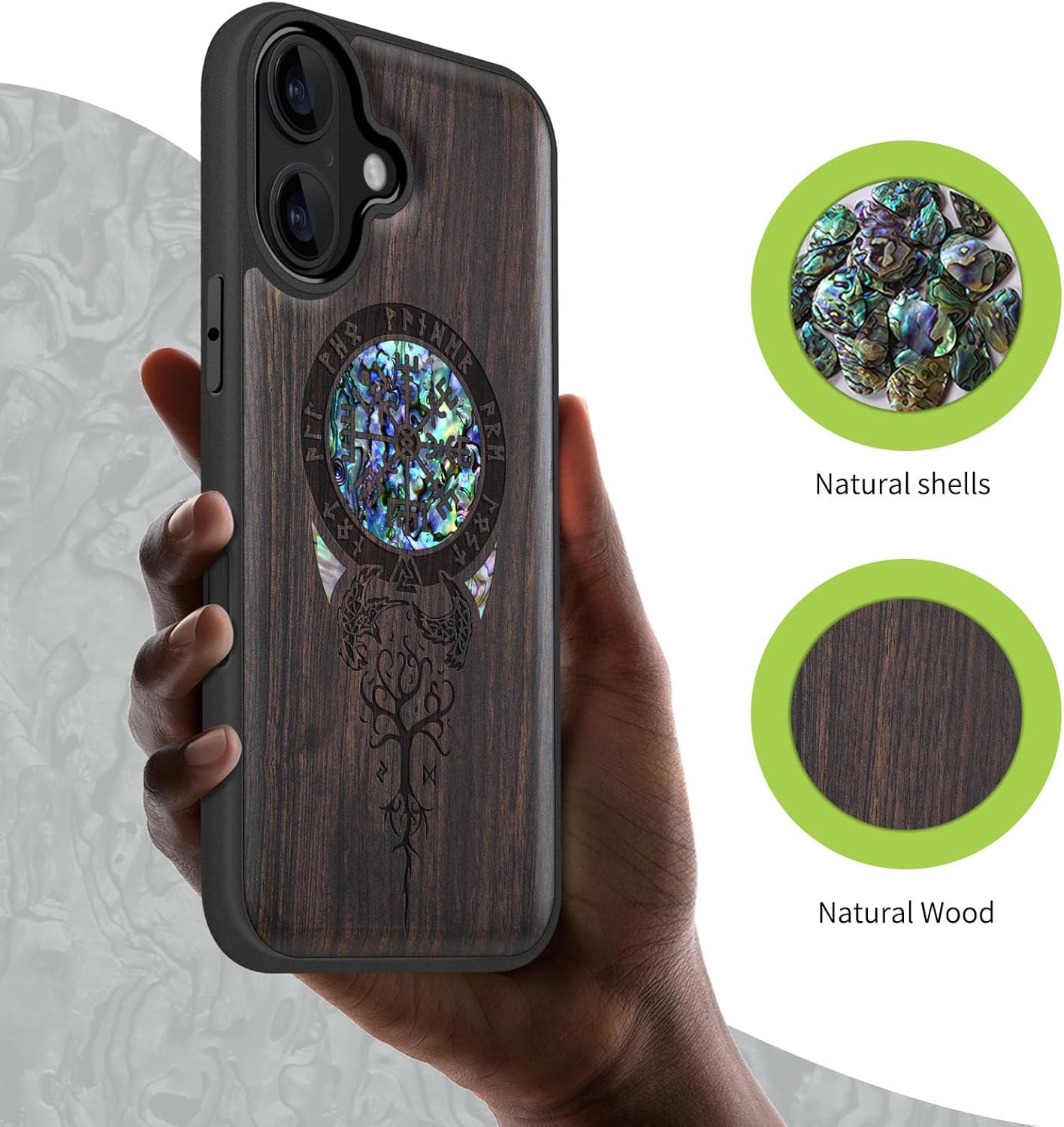 Carveit Magnetic Wooden Case for iPhone 16 Case, Wood Artisan Engraved & Handmade Shell Inlaid, TPU Shockproof Cover, Compatible with MagSafe Wireless Chargers (Viking Symbol) Blackwood