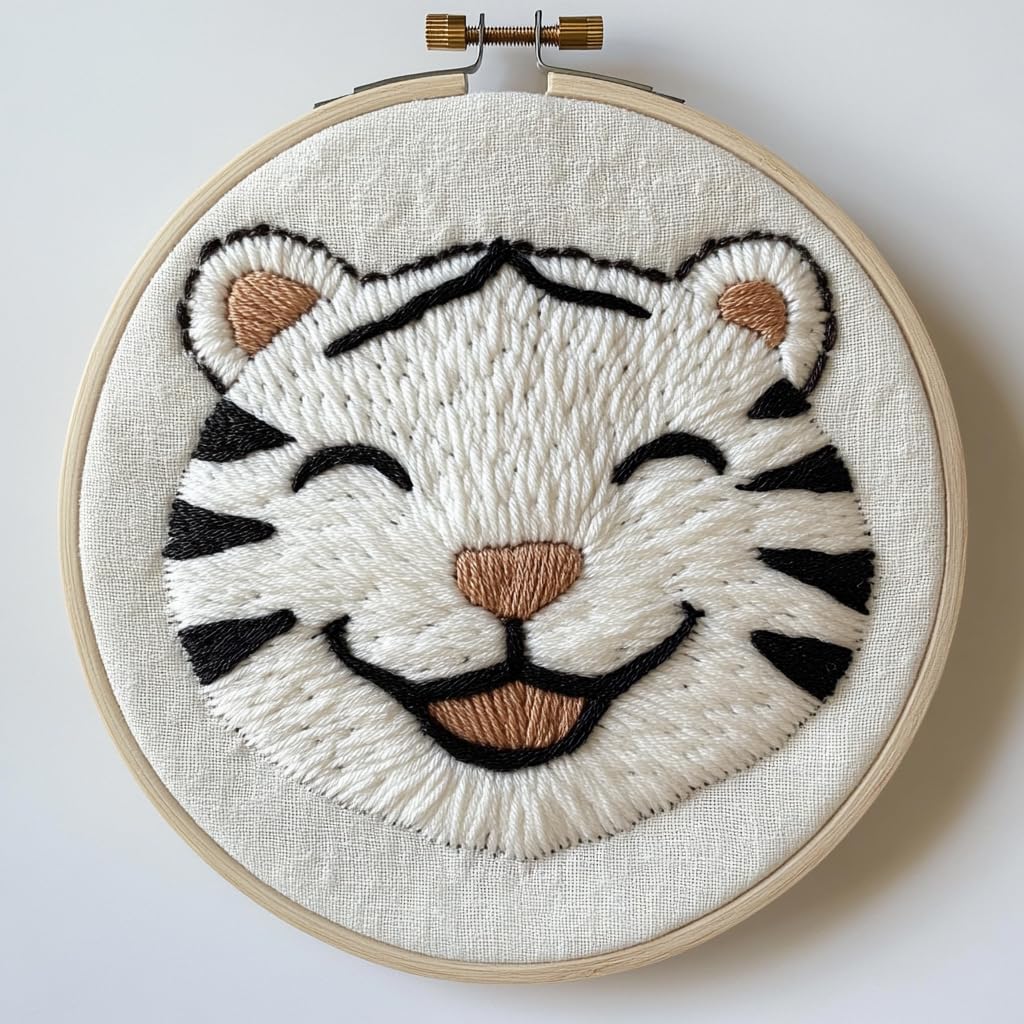 DIY Punch Needle Kits for Beginners Cute White Tiger in Flowers with Hoop Embroidery Punch Needle Starter Set Easy for Adults and Kids Festival Gift and Decor 20x20cm-2