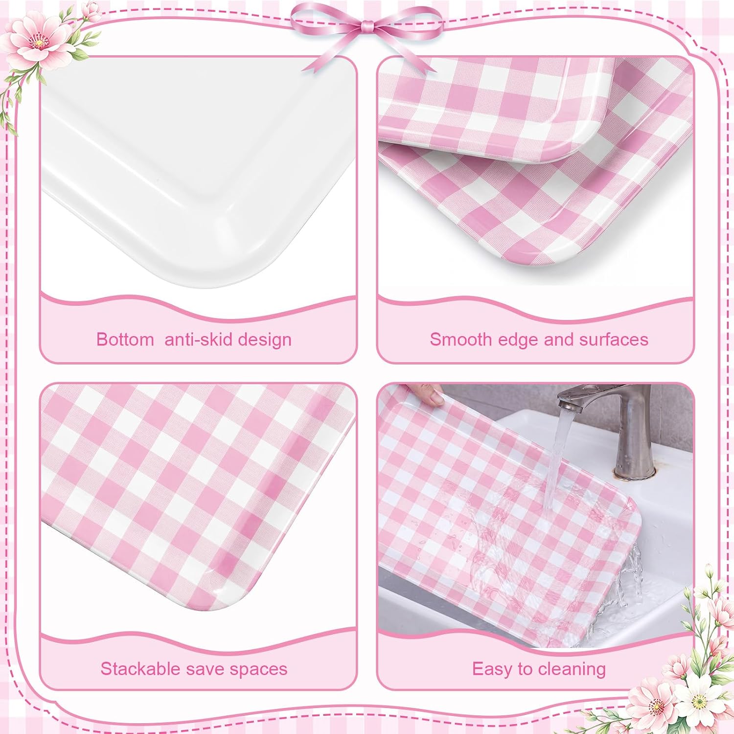 Vesici 3 Pcs Pink Gingham Serving Trays 13 x 10 Inch Plaid Melamine Platter