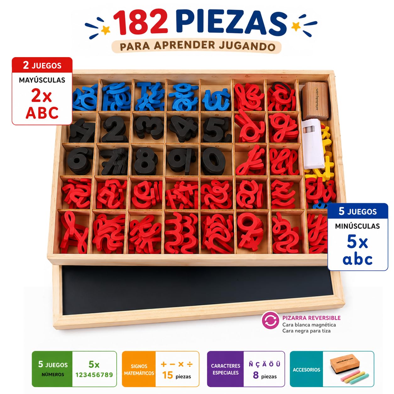 Lettere e numeri magnetici Montessori | Legato Cursive Mobile Legate. Maiuscole, minuscole e cifre in gomma EVA | Lavagna reversibile e scatola di legno | Gioco educativo Imparare a leggere e scrivere