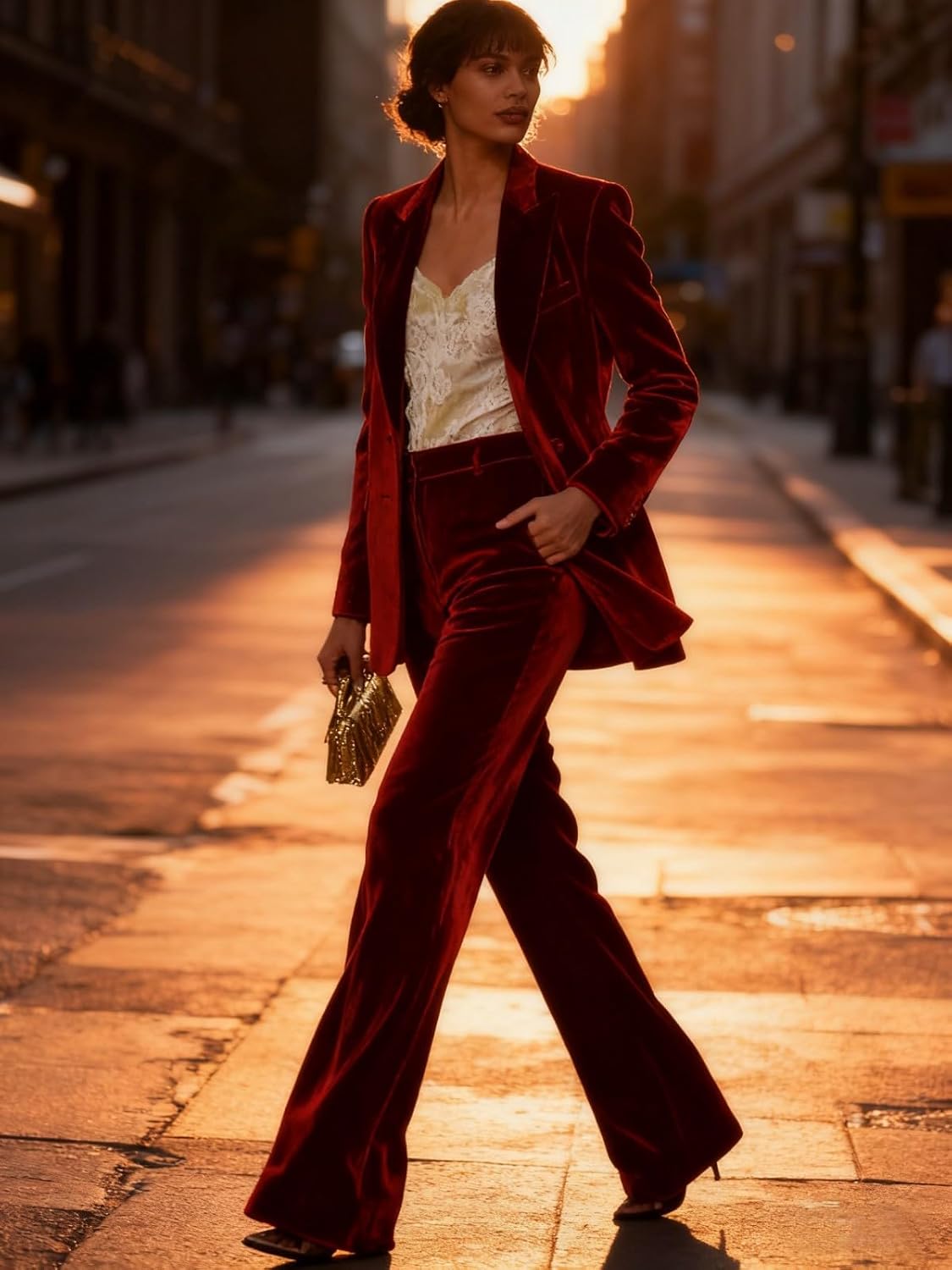 Women's 2 Piece Velvet Suit Notch Lapel Double Breasted Women Blazer Pants Pocketed Blazer Suits Work Outfits