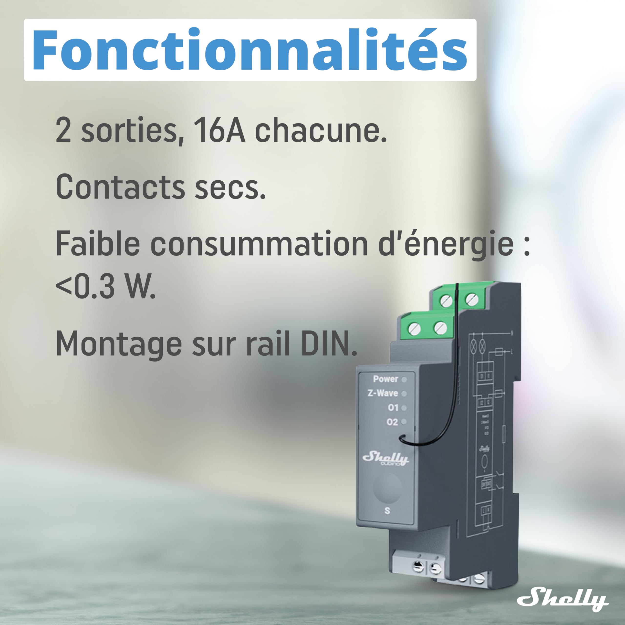 Shelly Qubino Wave Pro 2 Interrupteur connecté Z-Wave 2 canaux 25 A Contacts secs Montage rail DIN