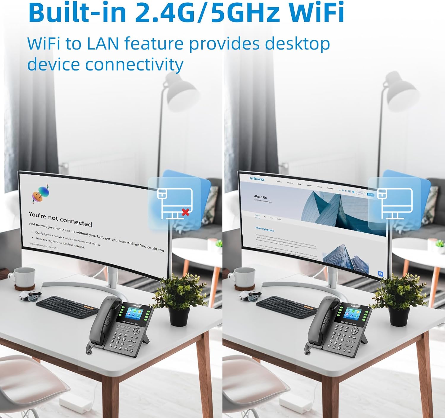 P23GW phone using built-in 2.4G/5GHz WiFi to provide LAN connectivity to a desktop computer