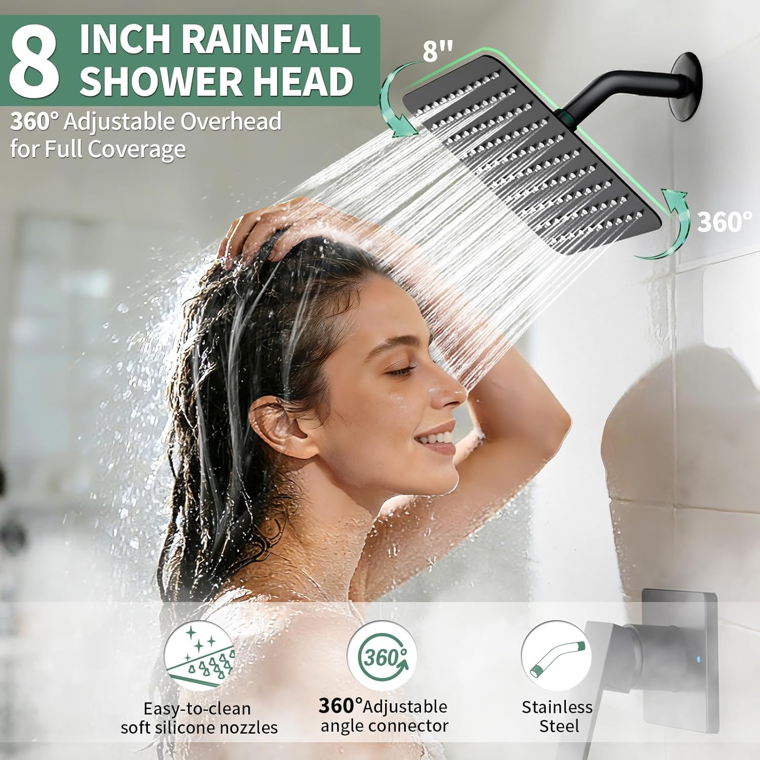 Shower System Shower Faucet Set - SunCleanse 8INCH Matte Black Complete Shower System with Pressure Balancing Valve and Solid Brass Rough-In Valve, Rainfall Shower Head with Single-Handle Trim Kit