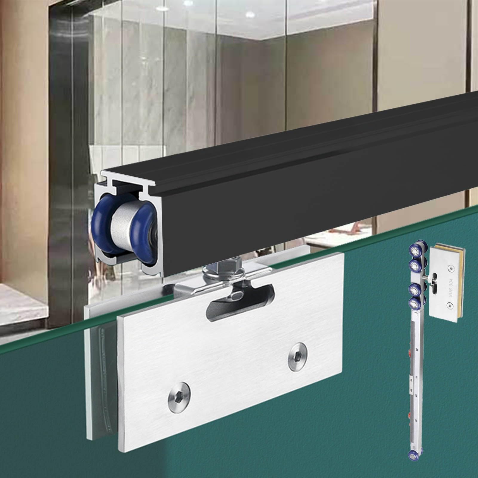 YDHSIKK Glass Sliding Door Track, Sliding Glass Track Soft Close Barn Door Kit 8-12mm Multicolor Multiple Sizes(Black,9ft/2.7m)
