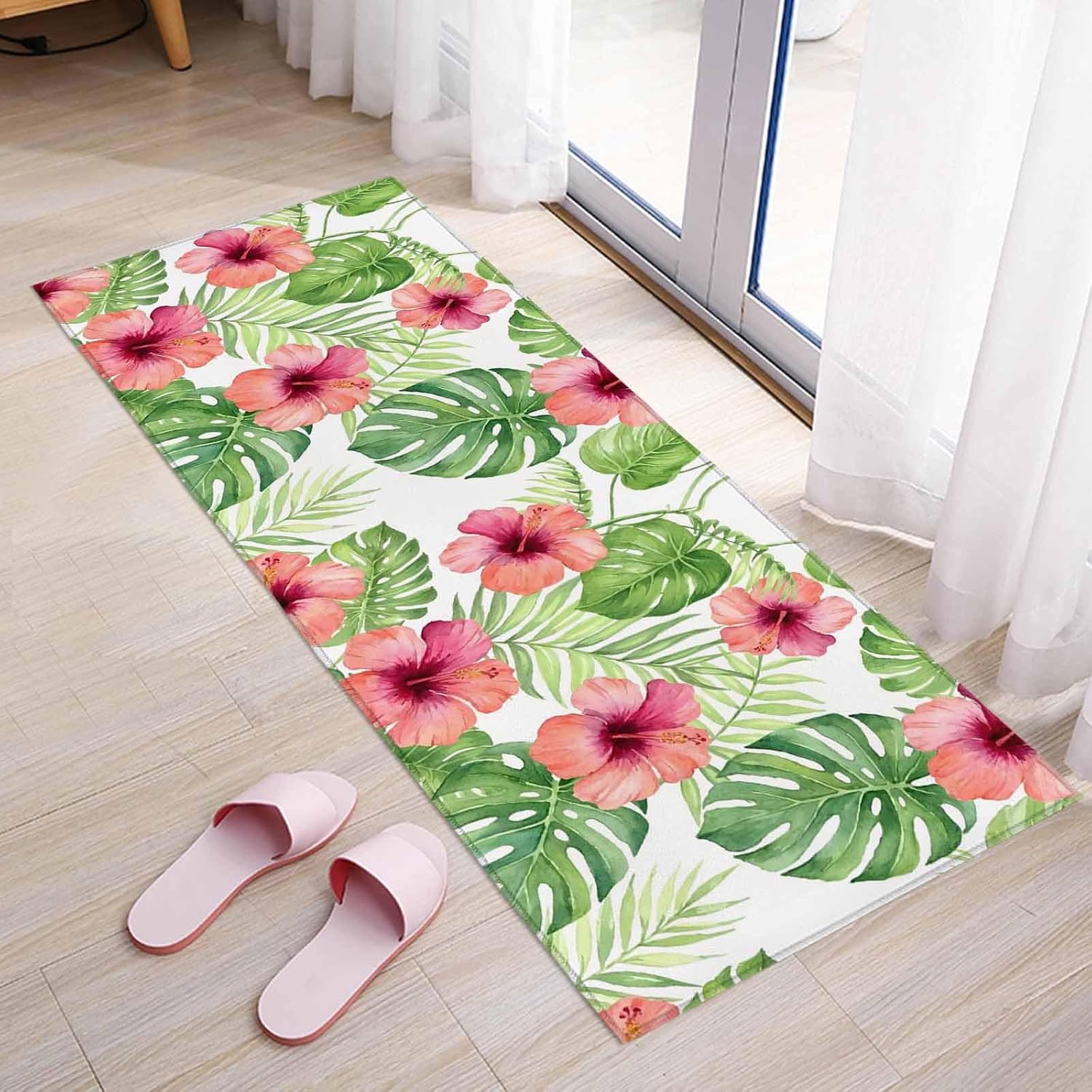 Teamery Kitchen Mats for Floor Watercolor Pink Flowers Green Monstera Washable Non Slip Kitchen Rugs 1PCS, Summer Plants Absorbent Standing Mats for Sink Bathroom Office Living Room 15.7x47.2in