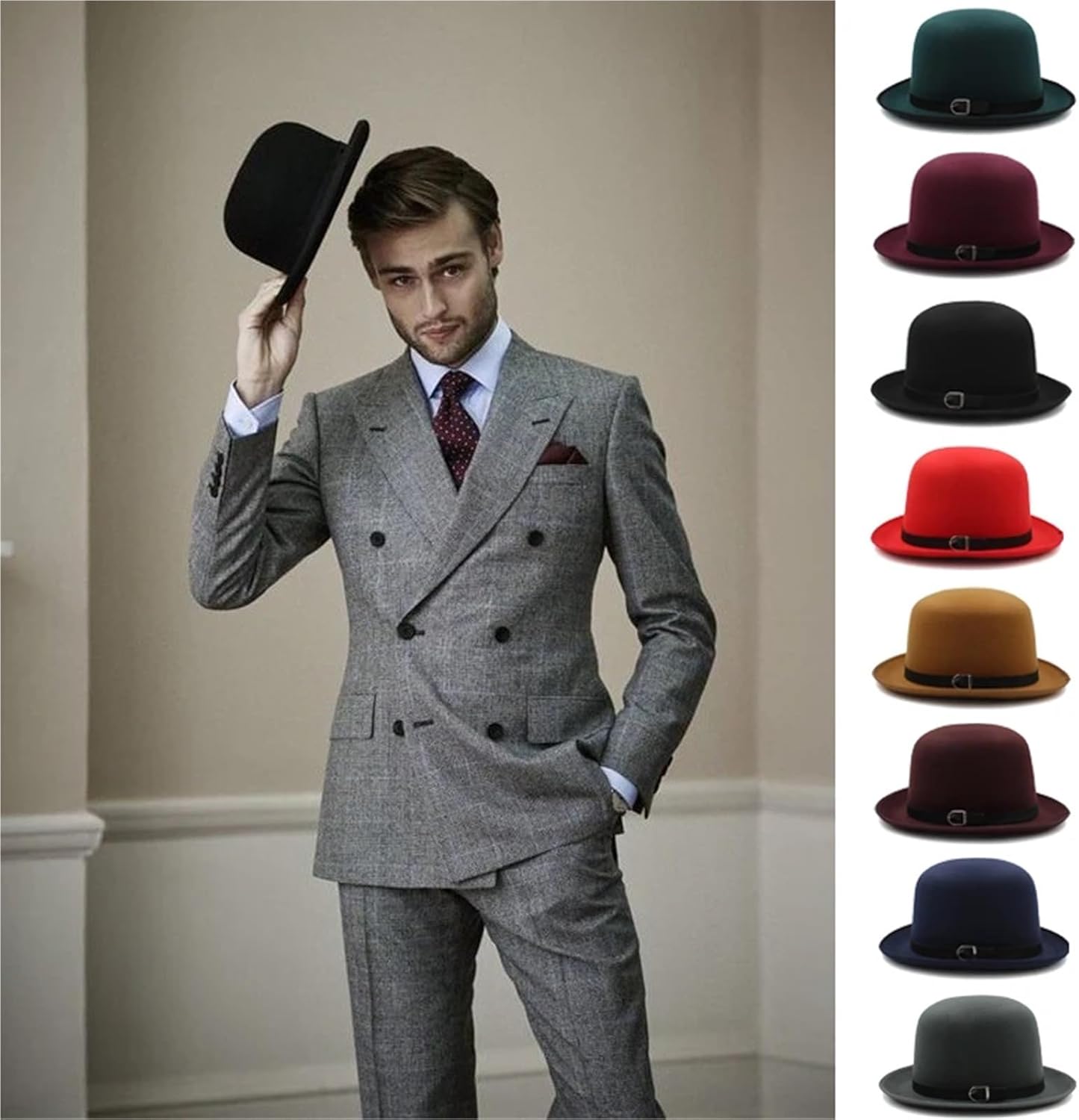 Men Classical Retro Oval Top Woolen Bowler Hats Fedora Caps Sunhat Travel Party Outdoor Size UK L US 7 3/8