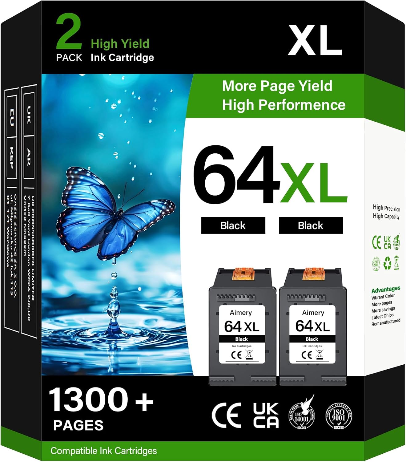 64XL Black Ink Cartridges Combo Pack High Yield Remanufactured Replacement for HP 64 XL Ink Compatible with Envy Photo 7155 7800 7855 7858 7100 7120 7158 7164 6252 6255 Tango Series Printer (2 Black)