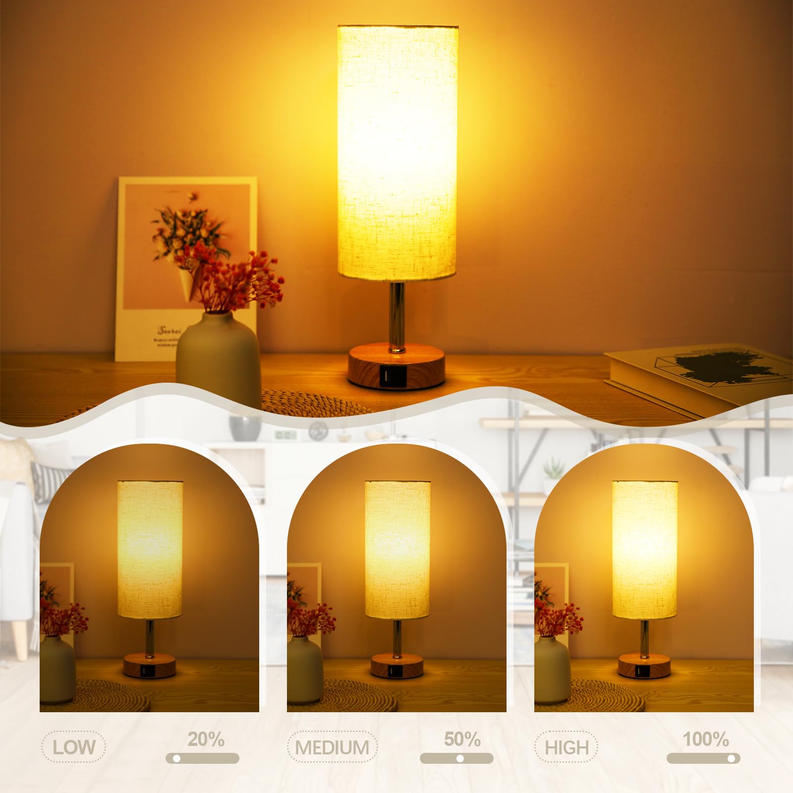 Neoglint Abat Jour da Comodino Coppia, Lampada Touch da Comodino Dimmerabile con 4 Porte di Ricarica USB,Paralume in Tessuto Bianco, Attacco E27, Include 2 Lampadine Bianco Caldo (3000K)