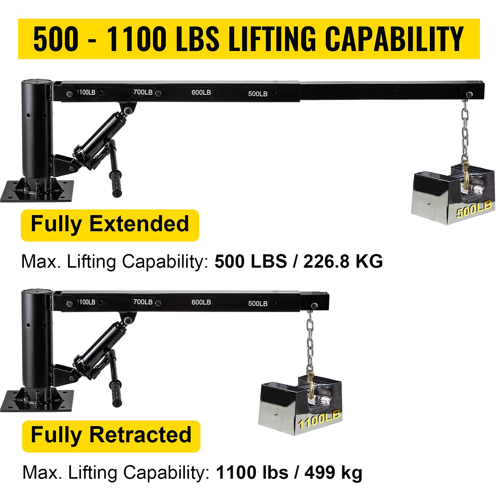 VEVOR Davit Crane, 1100lbs Pickup Truck Crane, 360°Swivel Design, Hydraulic Crane Hoist
