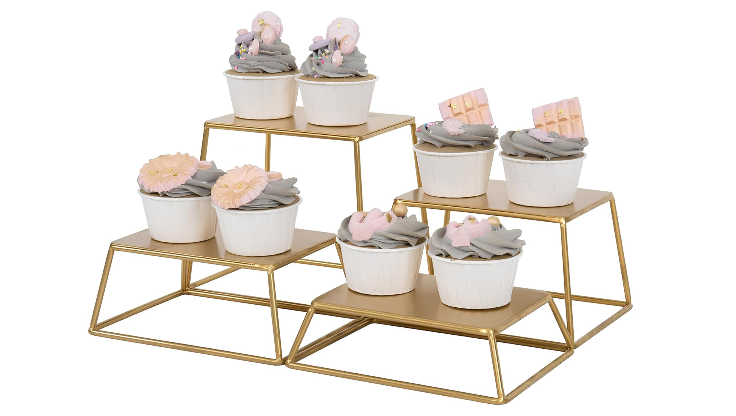 Set of 4 Metal Display Risers & Stands | Rectangular Nesting Buffet Table Set for Cafe, Home & Restaurants | Food Table for Cupcake, Cakes, Snacks & Small Potted Plants (Gold)