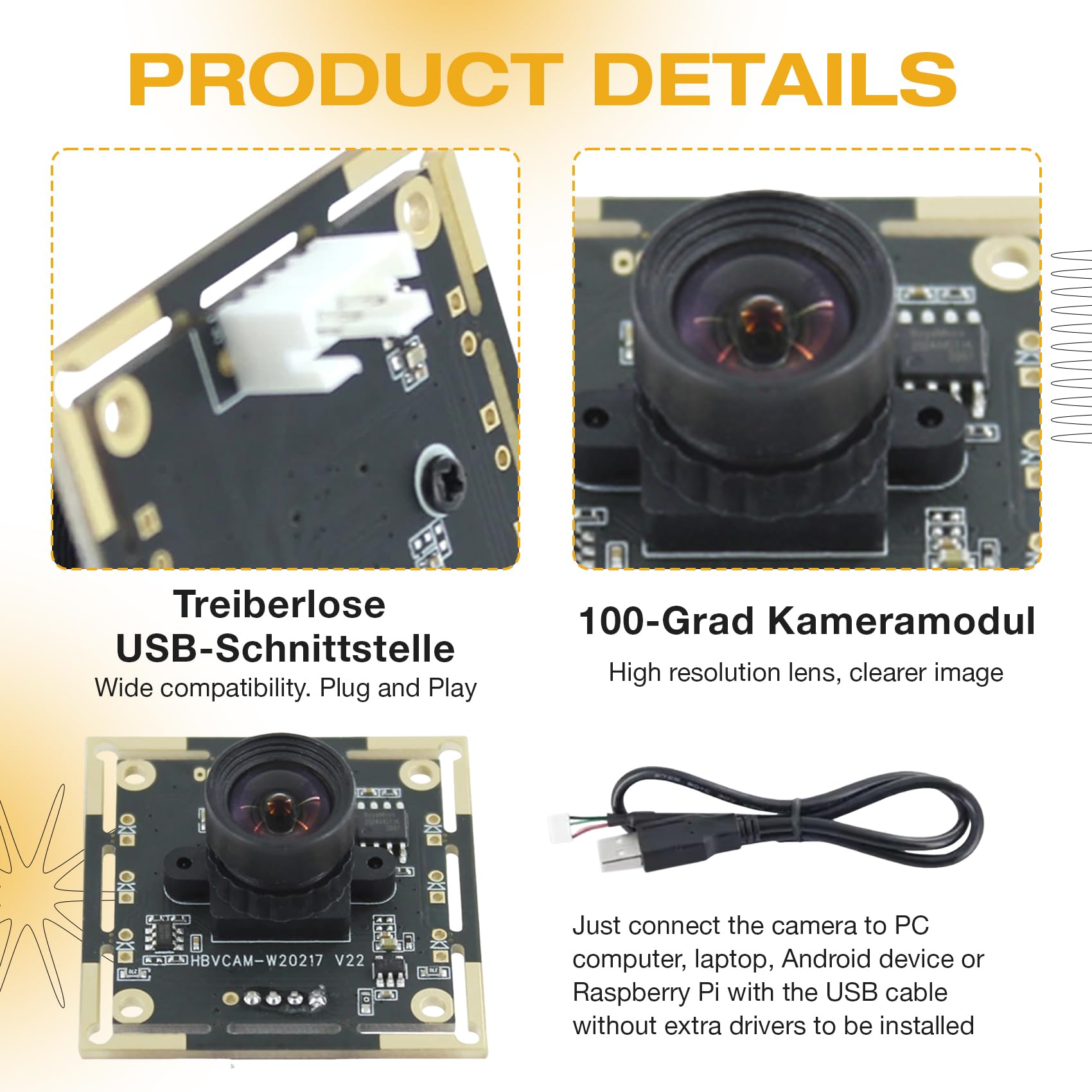 Modulo fotocamera 3 pezzi 100 gradi OV9732, 2 m, 1280 x 720, 30 Fps, per fai da te Autodarts.Io, unità USB gratuita