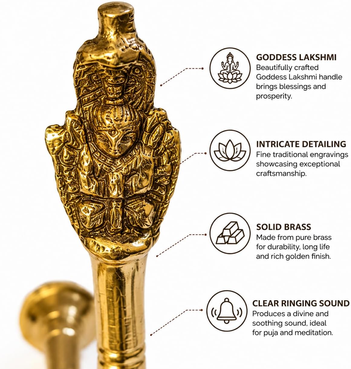 Handcrafted Brass Hand Bell Ghanti with Goddess Lakshmi Handle | Hindu Puja Ghanti for Mandir, Temple, Aarti, Meditation & Prayer | Traditional Indian Decorative Bell (3.7 Inch)