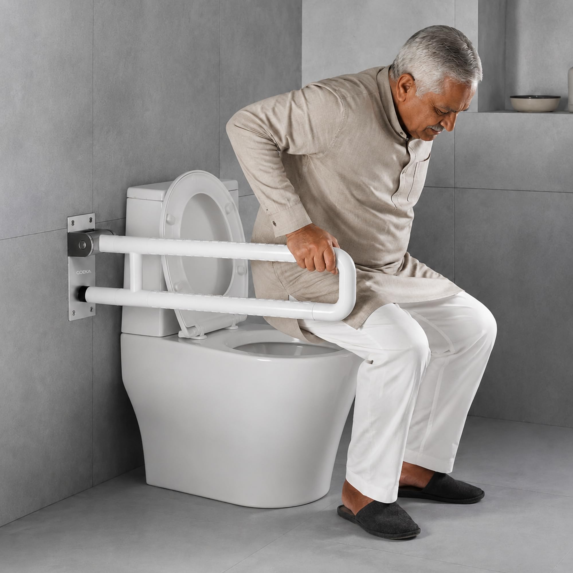 GOEKA Stainless Steel 304 Flip-Up Grab Bar | 24 Inch Bathroom Handle for Seniors with Anti-Slip ABS Covering | Space-Saving Safety Bar for Shower, Toilet & Bedside-image-46