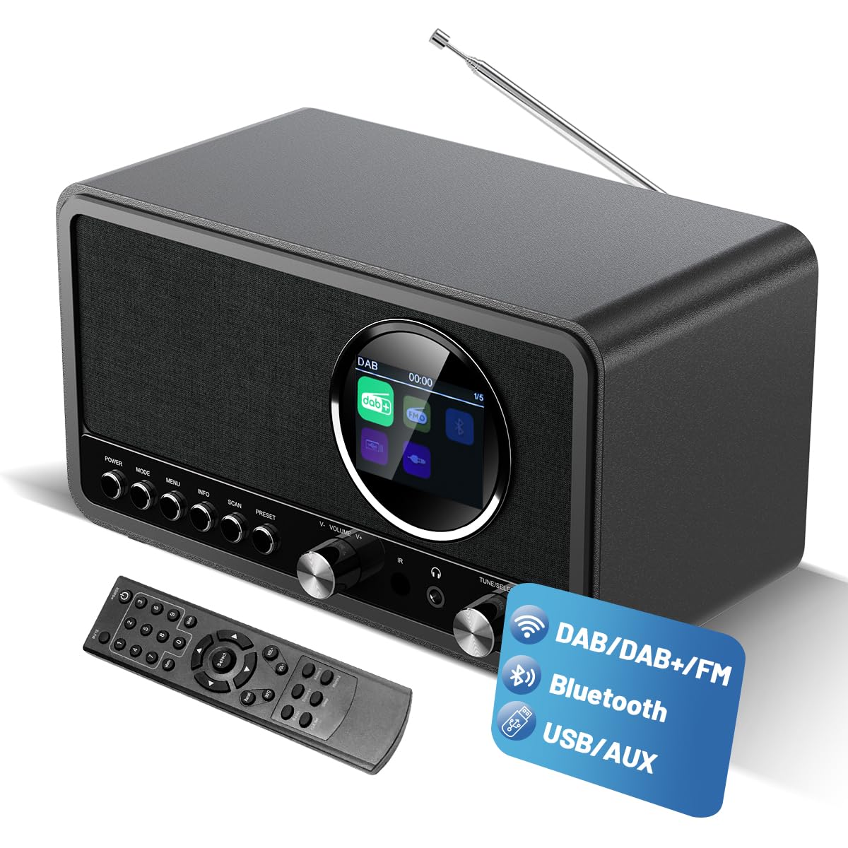 Radio Digitale DAB+/FM Bluetooth con Telecomando e Allarme Doppio, USB/AUX, 30 Stazioni