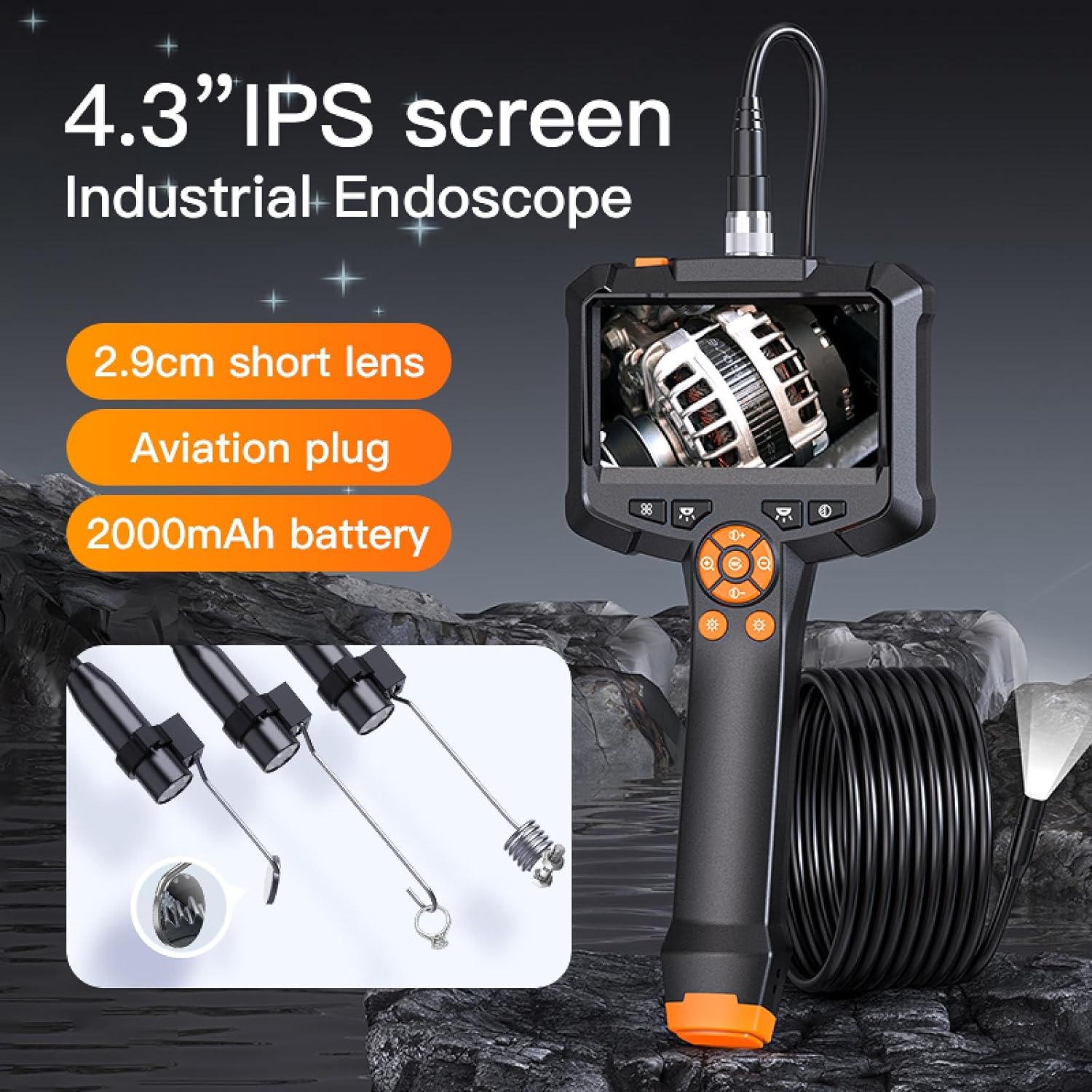 Dual Lens Endoscope Camera,4.3" Screen,1080p High-Definition Endoscope with 8 Adjustable Lights with 3.3FT Semi-Rigid Cable, Ip67 Waterproof Endoscope, and Cool Small Tool for Men