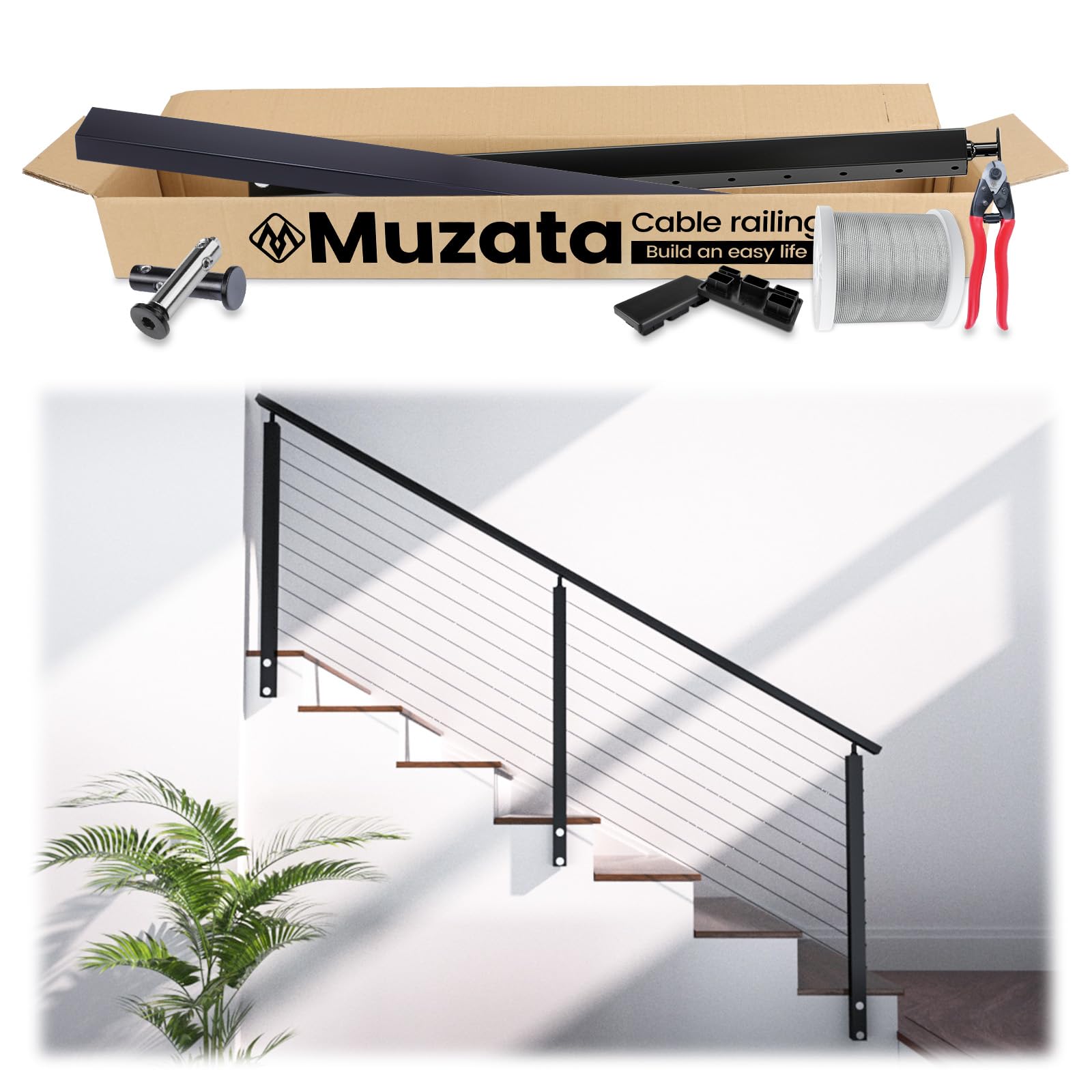 Muzata 3'-6'6" Side Mount Black Complete Cable Railing Kit for Stairs 36 Inch Cable Railing System with Post Handrail Left & Right Universal