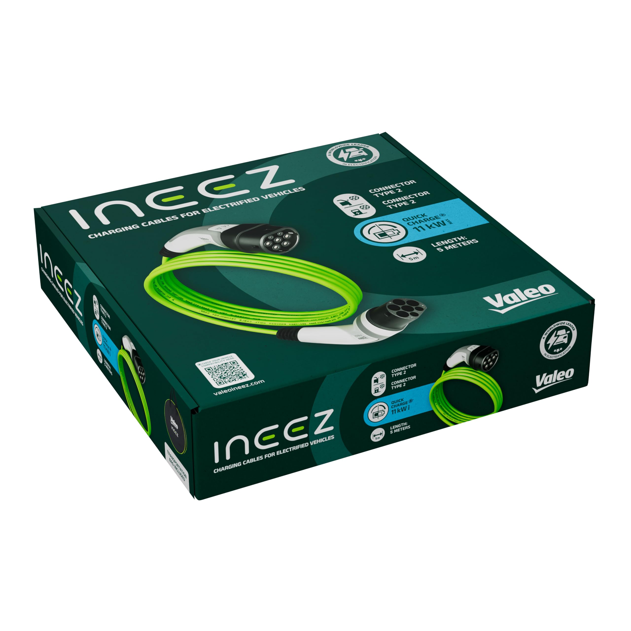 Valeo Ineez 652104 - Cavo di Ricarica per Veicoli elettrici o ibridi Plug-in con Borsa per Il Trasporto, Tipo 2 su Tipo 2-11 kW, 5 Metri