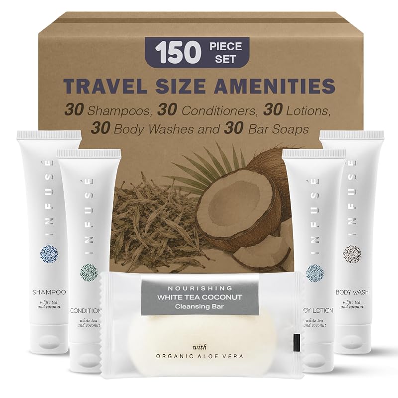 Terra Pure INFUSÉ Kit de amenidades com shampoo, condicionador e itens de banho, Pacote com 150 unidades
