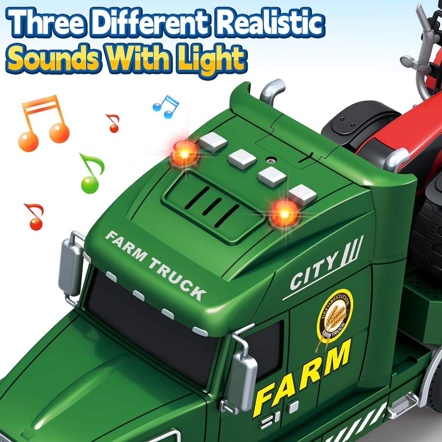 Toddler Boy Toys for 3 4 5 6 7 Years Kids, 27" Semi Flatbed Truck Toy with 2 Tractors, Friction Powered Vehicles Toys with Lights and Sounds, Birthday for Boy Girls