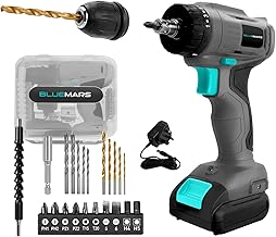 BlueMars Cordless Multifunction Screwdriver and Combi Drill Set for Furniture & DIY, 12V Rechargeable Battery, Mini Gift for Craftsmen, Detachable Chuck, 2 Speeds, 19 Torque Settings, LED Light