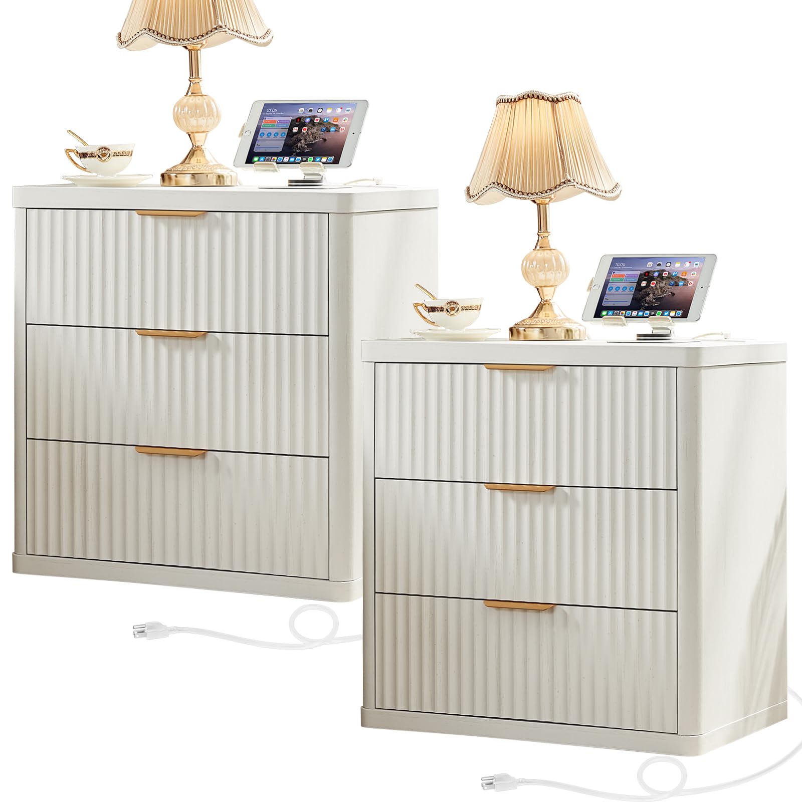 LEYAOYAO 23" Wide Fluted Farmhouse Night Stand Set of 2 with Charging Station, 3 Drawers Large End Table w/Metal Handle,White Nightstand Bedside Table,Wood Dresser for Bedroom, Closet