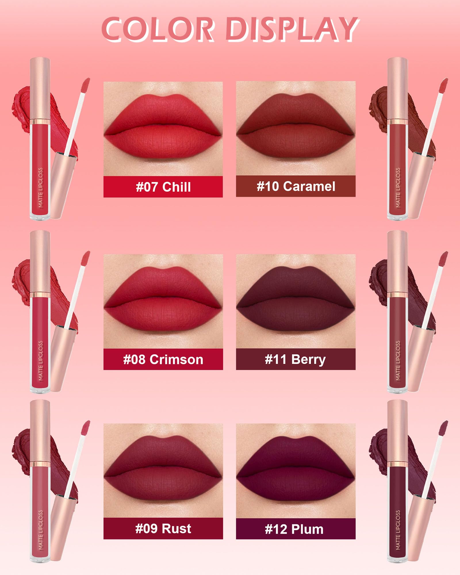 Matte Liquid Lipstick Set-6Pcs Dark Ruby Red Berry Plum Velvet High Pigmented Lip Tint Stain - Image 2