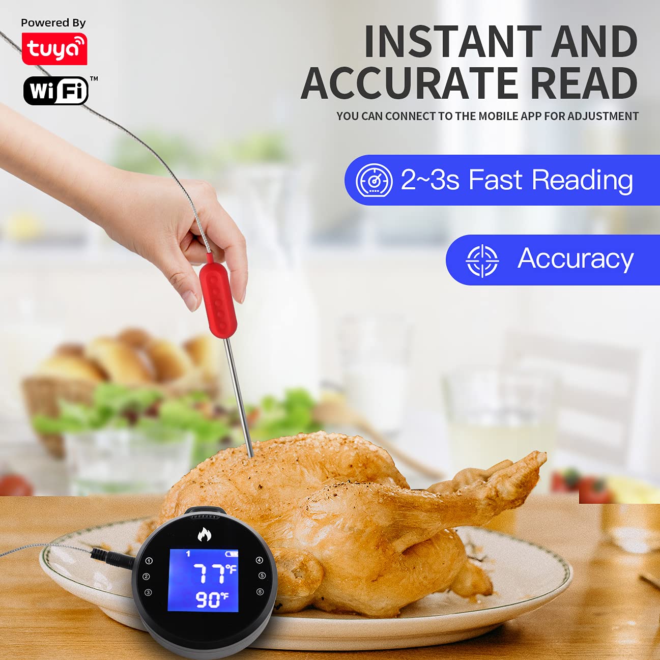 zemismart Termómetro WiFi para asar carnes,temporizador cocina BLE Grill alarma temperatura monitor digital BBQ pantalla LCD lectura instantánea 2 sensores sonde,Echo Smart Kitchen Cooking,leche