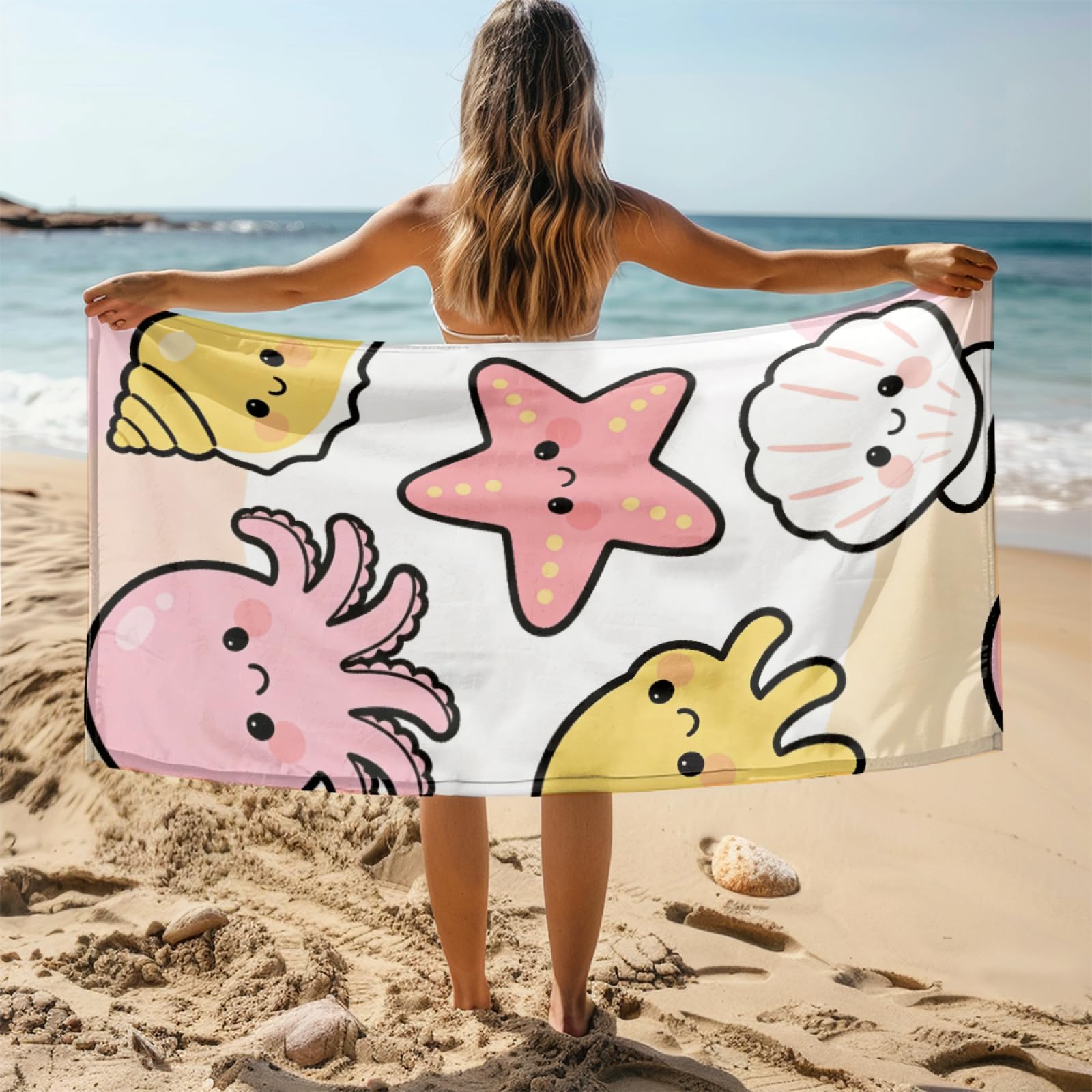 Fouta PlageShells De Plage Jaune Modèle Surdimensionné avec Diverses Tailles, Respirante et Portable, Parfaite pour Voyages Sorties Piscine et Usage Extérieur Quotidien 90x160 cm