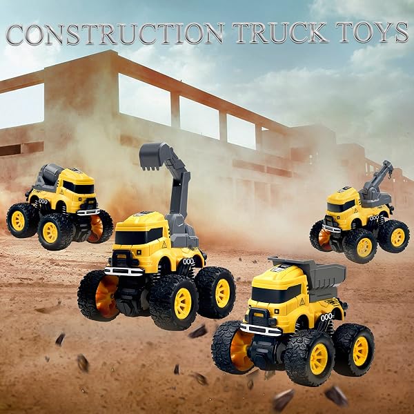 PIIOSER Construction Monster Truck Toys - 4pcs Excavator, Mixer, Crane, Dump Trucks Toy | Push and Go Friction Powered Cars Stunt Vehicles Playset | Kids Birthday Party Favors Gifts for 3+ Year Old Boys Girls in use