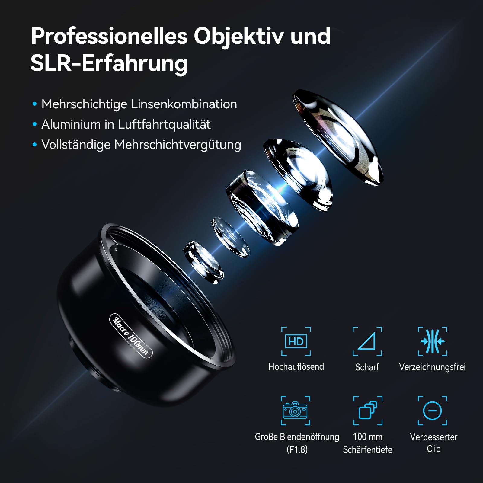 APEXEL HB100-HD Handy Makroobjektiv, F1.8 mit 45 Fülllichtmodi, 10x Handyobjektiv mit Telefonclip, kompatibel mit iPhone 17/16/15, Samsung, Google Pixel und Anderen Smartphones