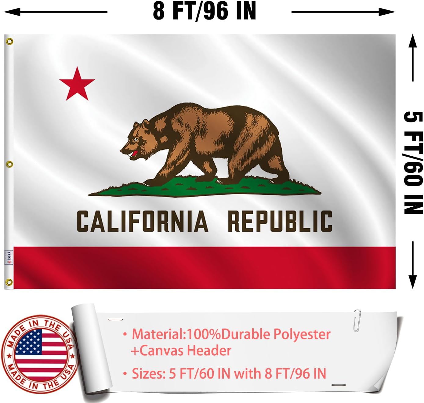 California Flag 5x8 Outdoor Made in USA - Double Sided Heavy Duty Vivid Color California Bear Flag with 3 Brass Grommet