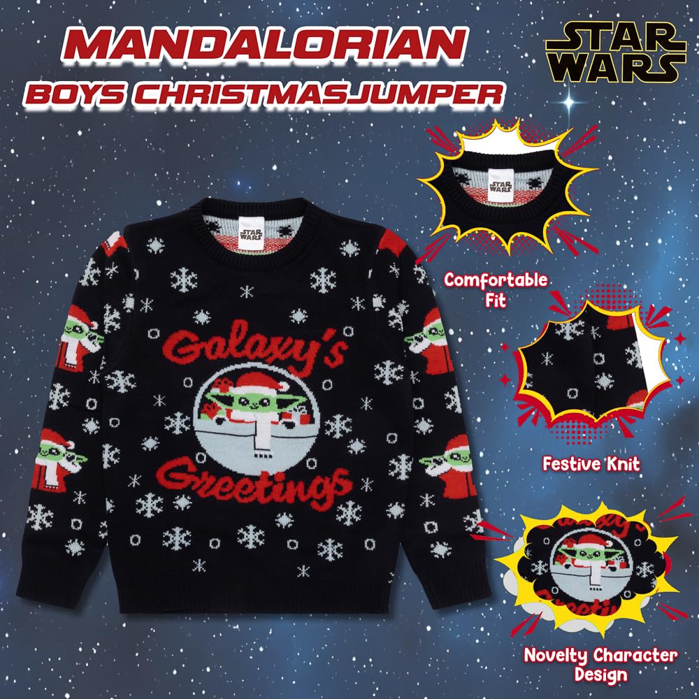 Star Wars Mandalorian Christmas Jumper | Jersey de Navidad para niños | Sudadera de Navidad de punto acrílico Grogu para niños | Regalos mandalorianos para niños