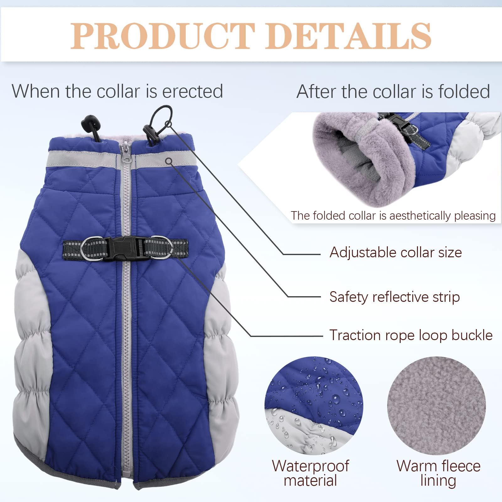 OUOBOB Dog Coat - Fleece Dog Vest with Harness, Waterproof Snowsuit, Windproof Winter Jacket, Puffer Jacket Blue XS - Image 2
