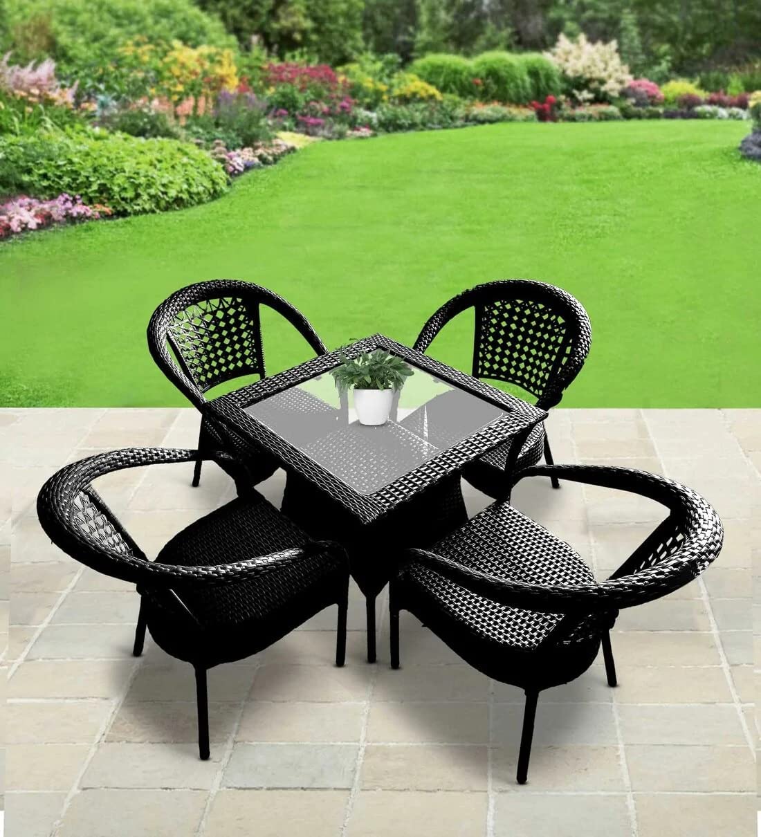 D-8 Chairs Table Set 4+1 Wicker Patio Furniture Sets 4 Chair and 1 Table for Garden Balcony Bedroom Powder Coated Frame Uv Protected Wicker (Black)